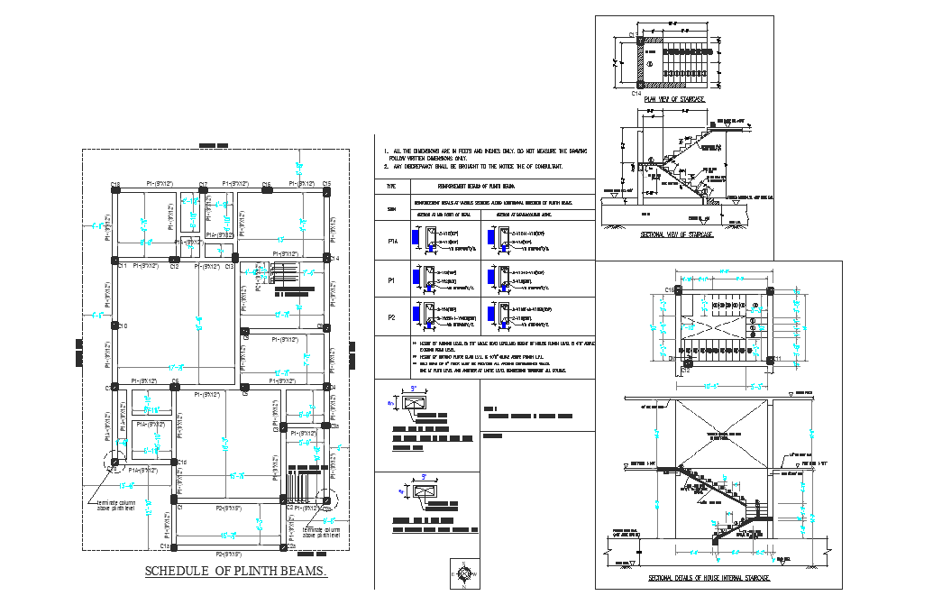 Schedule plan plinth beam detail and stair detail dwg file