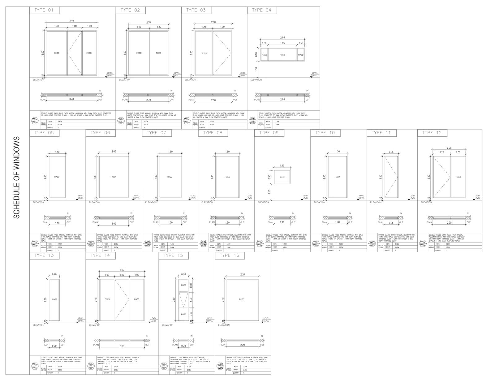 Schedule of windows detailed plan section and elevation DWG autoCAD drawing