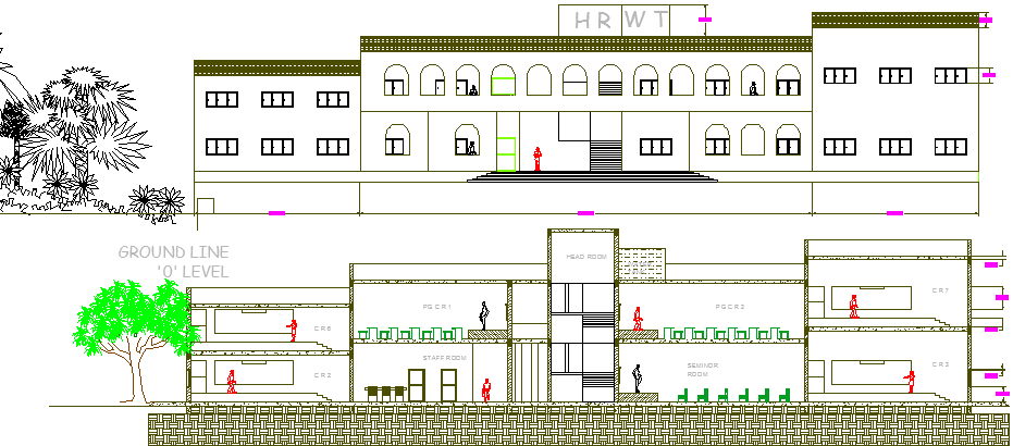 School Architecture Design and Front-Back Elevation dwg file