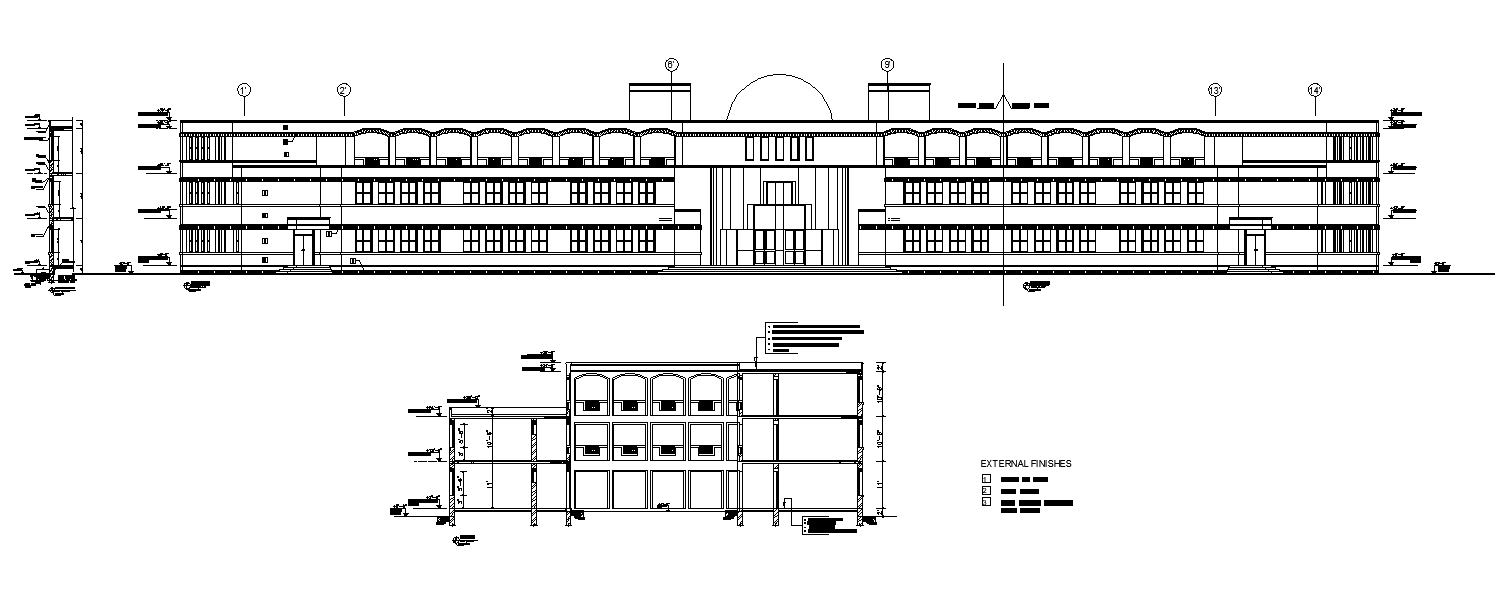 School building elevation 2d view layout autocad file