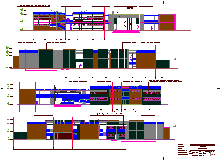 School building elevation and different axis section view dwg file