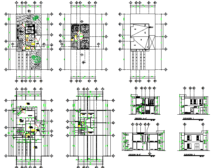 School building plan and elevation section view dwg file