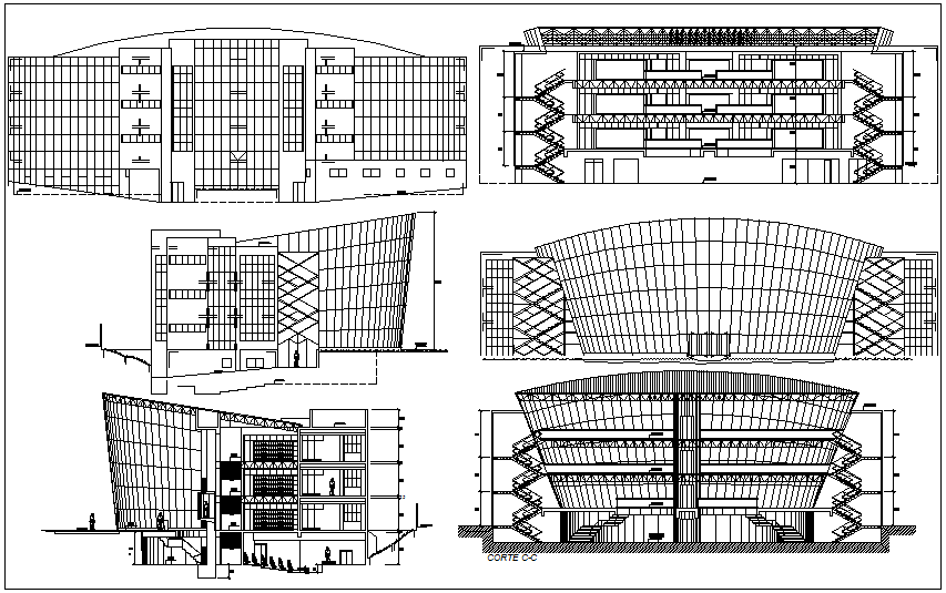 School building plan elevation section detail view dwg file