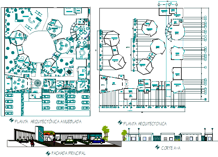 School building plan elevation section detail view dwg file