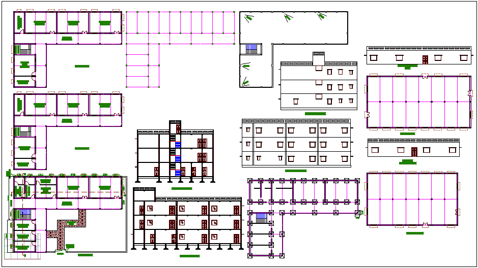 School building plan view with elevation and sectional view dwg file
