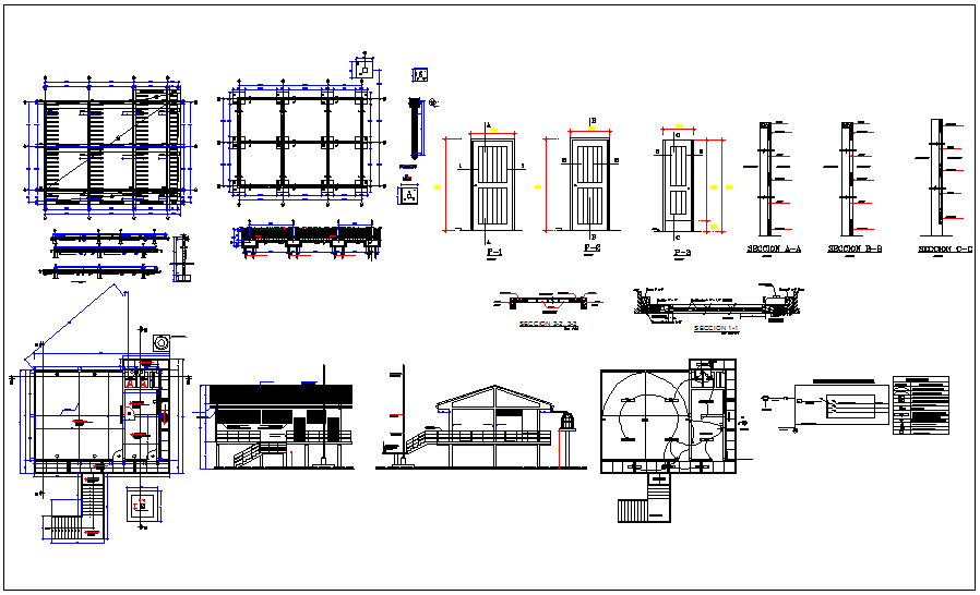 School design view with plan and sectional view with structural,electrical and door view dwg file