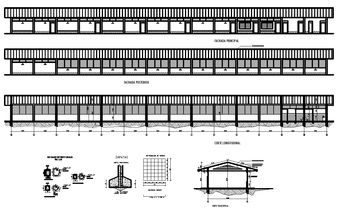 School plan, elevation and section detail dwg file