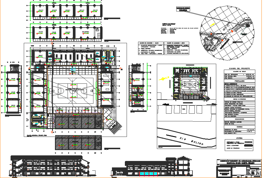 School plan, elevation and section detail dwg file