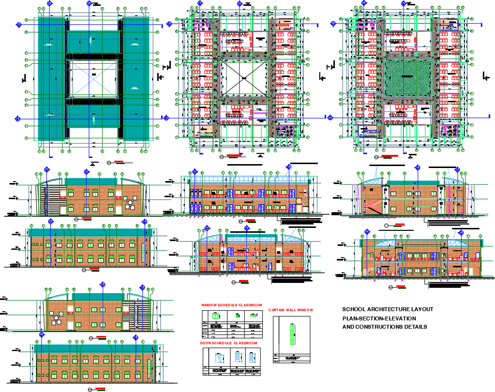 Detailed school layout plan with elevations in CAD DWG File