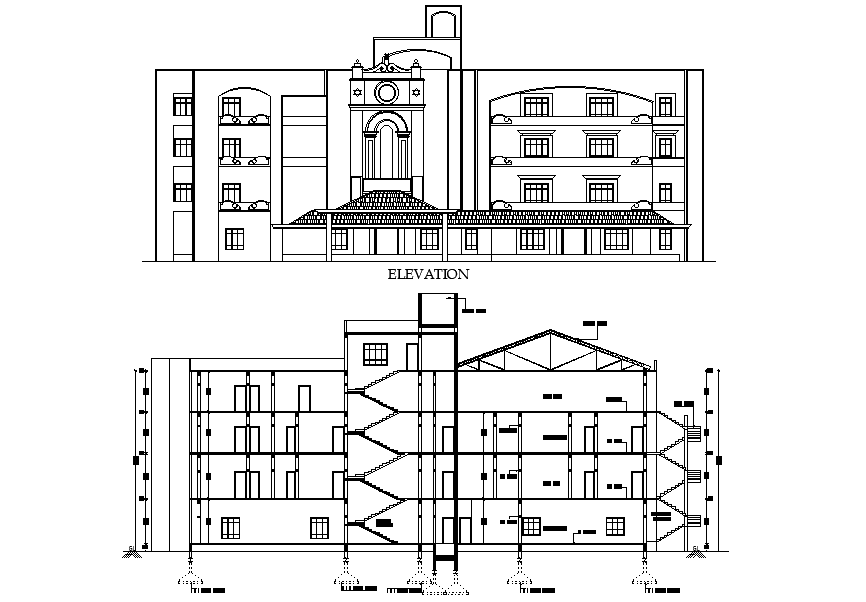 School Building Front Elevation And Section Drawing Download DWG File