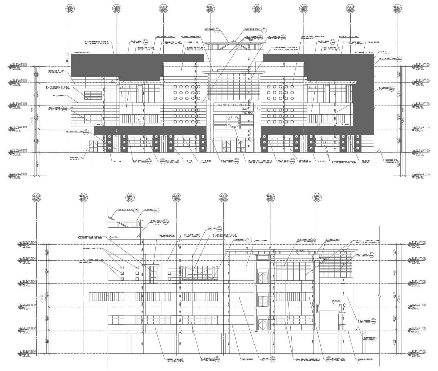 School façade design with detailed dwg autocad drawing .