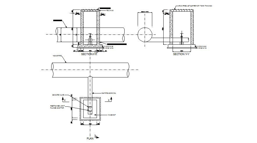Scour valve section and plan cad drawing details dwg file