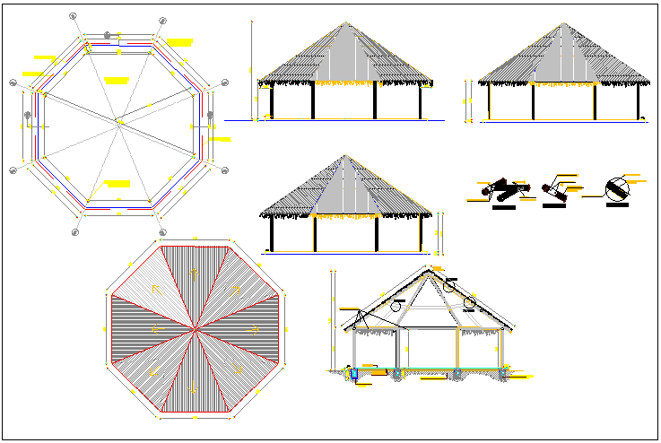 Seating arrangement bench and roof structure plan view detail dwg file