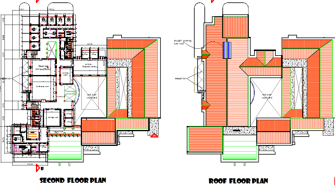 Second floor and roof floor plan detail dwg file