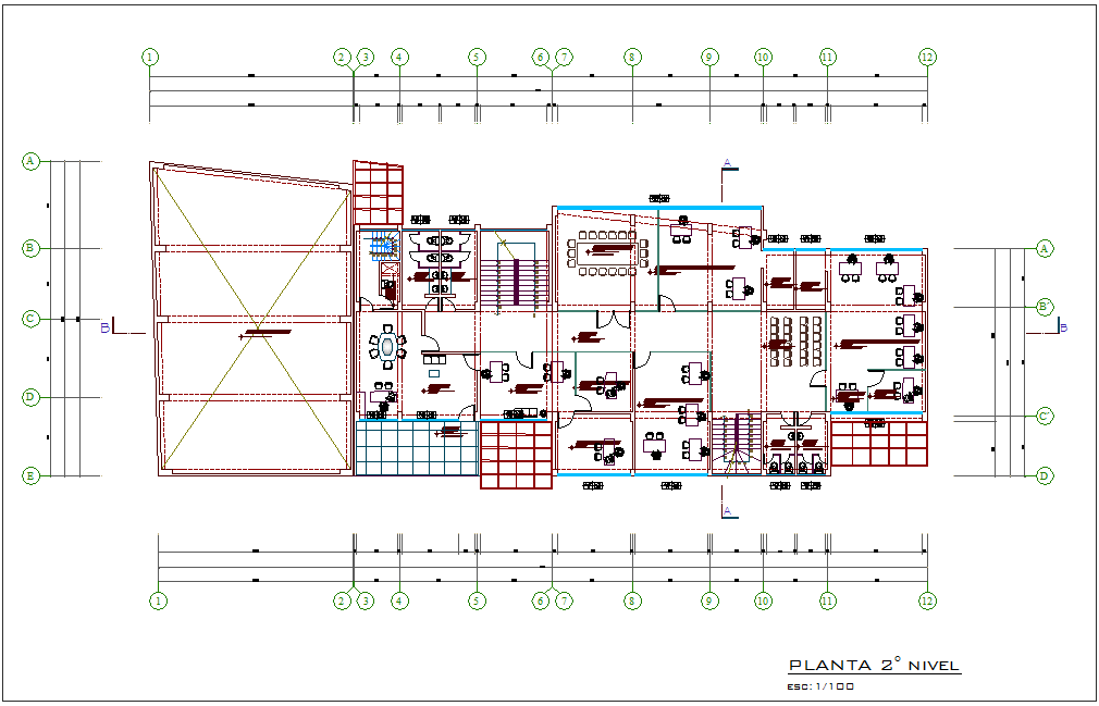 Second floor plan of government building with architectural view dwg file
