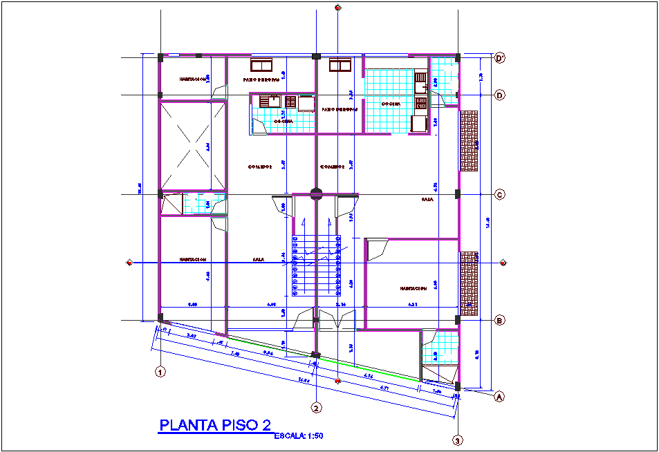 Second floor plan of office with multi family housing dwg file