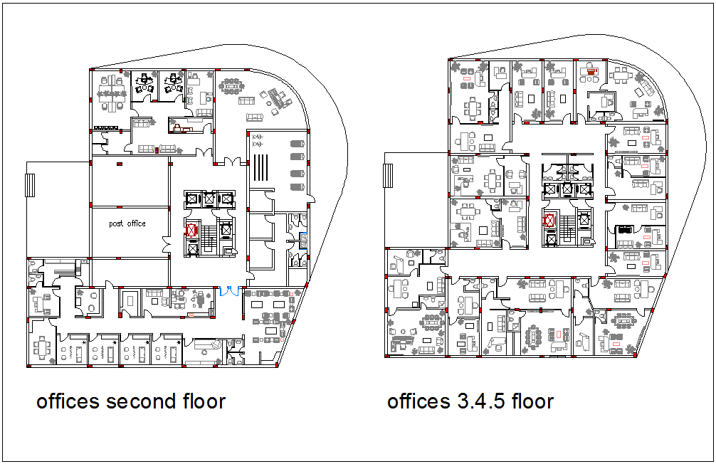 Second to fifth floor plan of office area dwg file