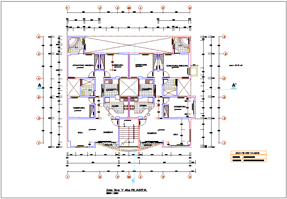 Second to fourth floor plan view of apartment dwg file
