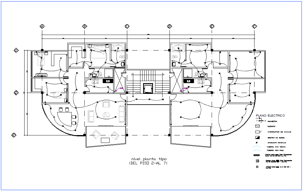Second to seventh floor plan of office premises for electrical view dwg file