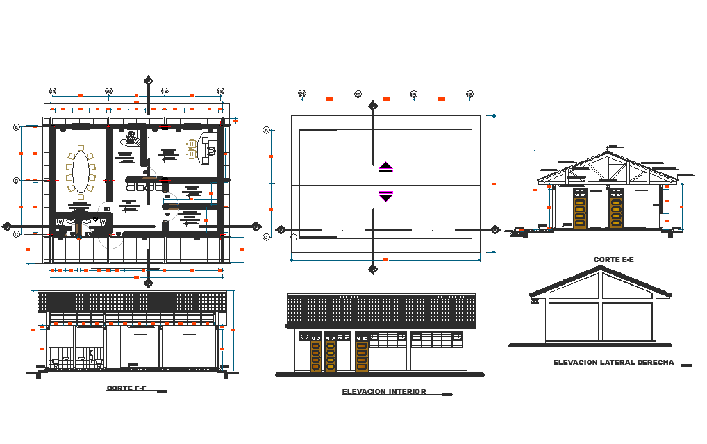 Secondary school plan, elevation and section view of Peru dwg file