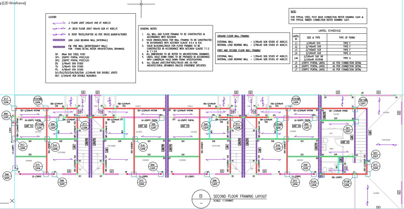 Second floor framing layout plan design in AutoCAD 2D drawing, CAD file, dwg file