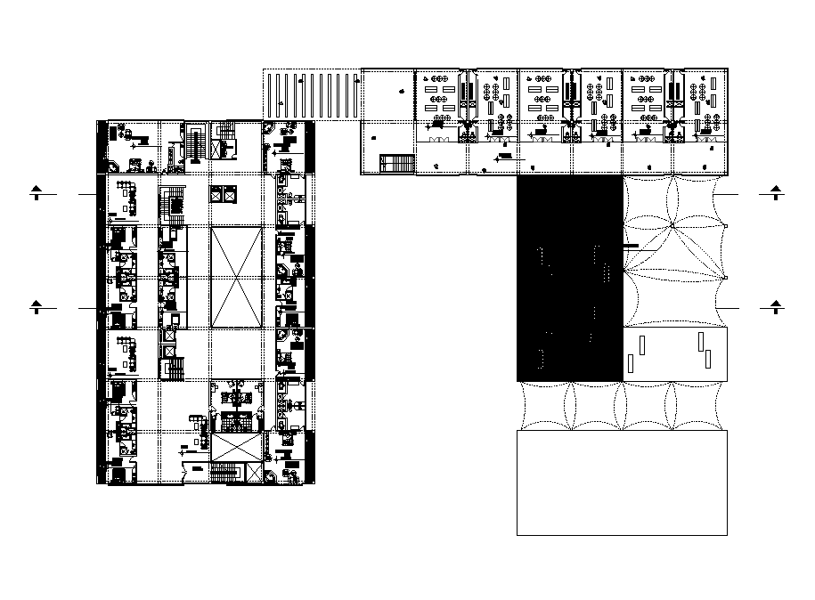 Second floor plan of Matrimonial hall plan is given in this Autocad drawing model. This is G+5 matrimonial hall building. Download now.