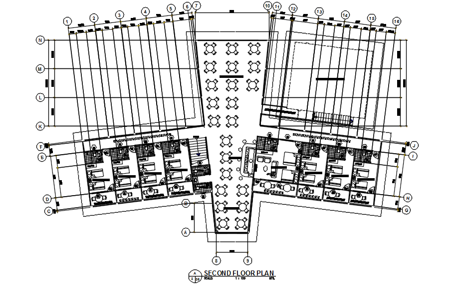 Second floor plan of resort in detail AutoCAD drawing, dwg file, CAD file