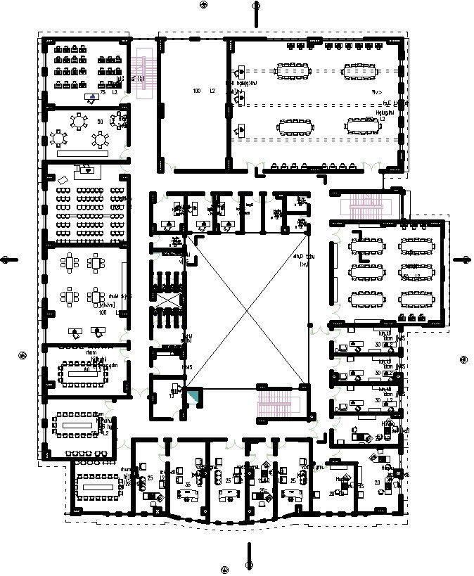 Second floor plan with furniture layout of a collage in AutoCAD 2d drawings.