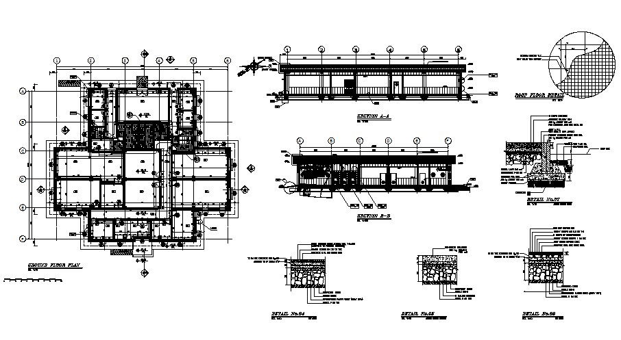 Section, ground floor and construction details of office building dwg file