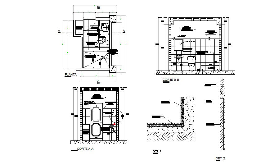 Section-A, section-B, plan and installation details of house toilet dwg file