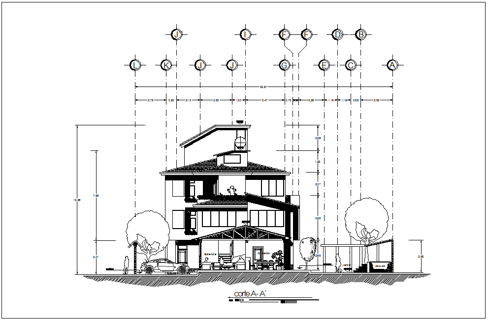 Section A-A' view for house with architecture view dwg file