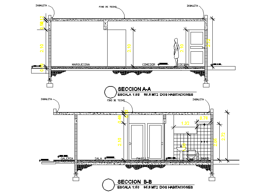 Section Affordable housing plan detail dwg file