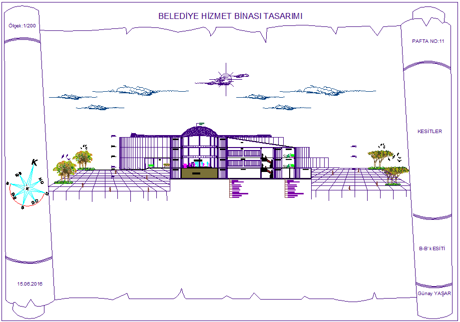 Section B-B' view for municipal service building with architectural view dwg file