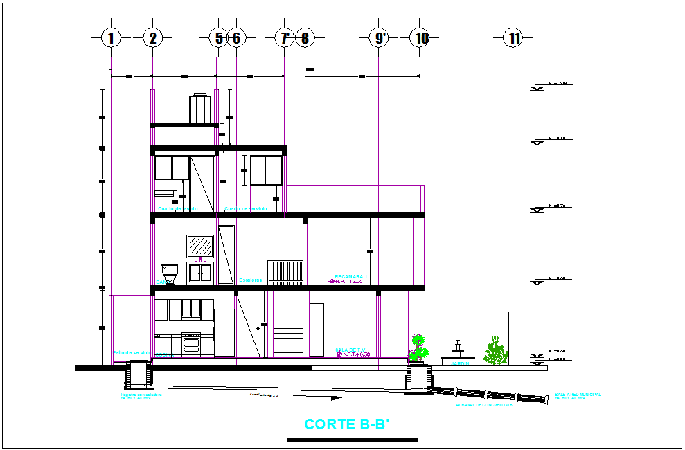 Section B-B' view for residence with sanitary view dwg file
