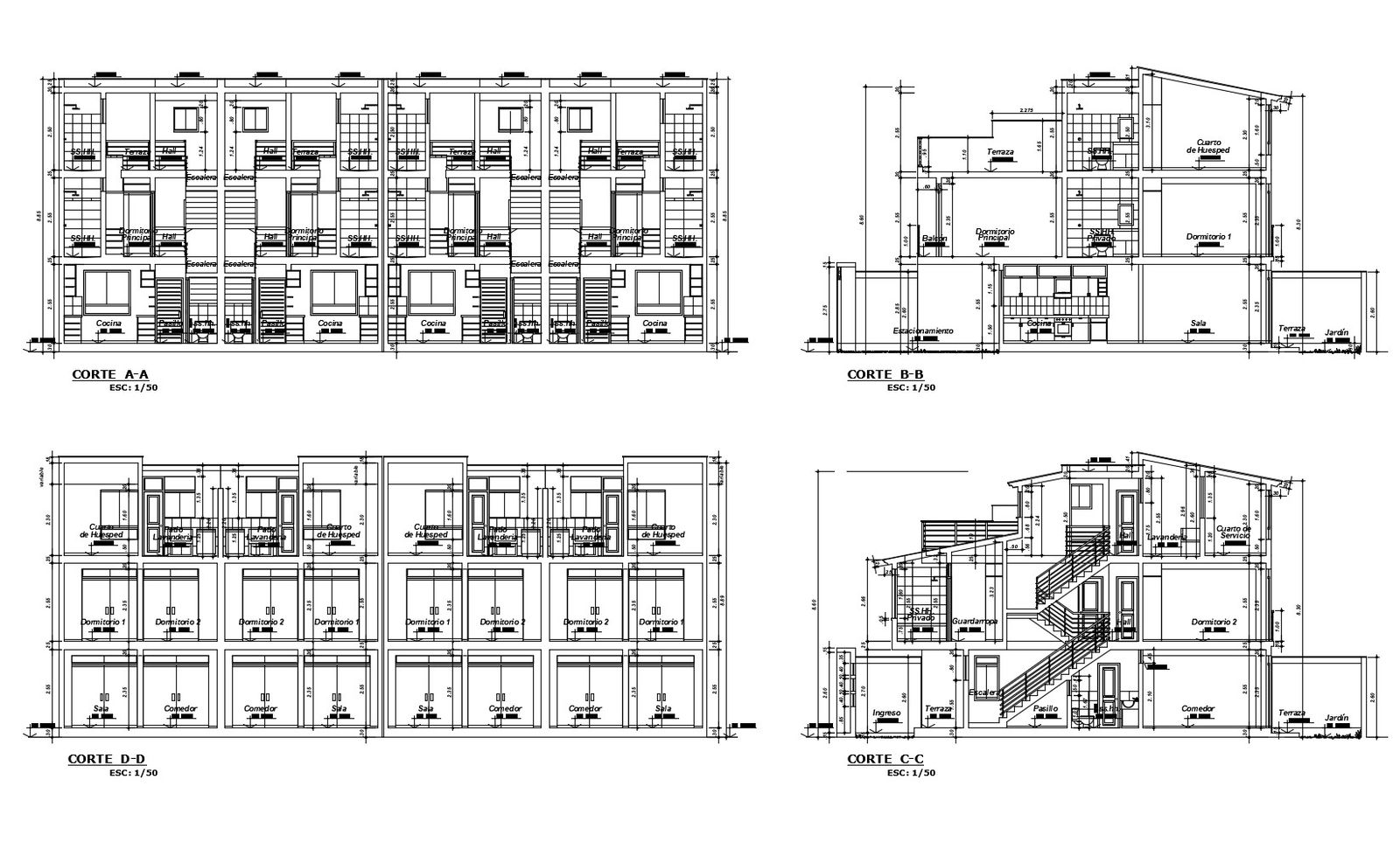 Section Drawing of the residential apartment with detail dimension in dwg file