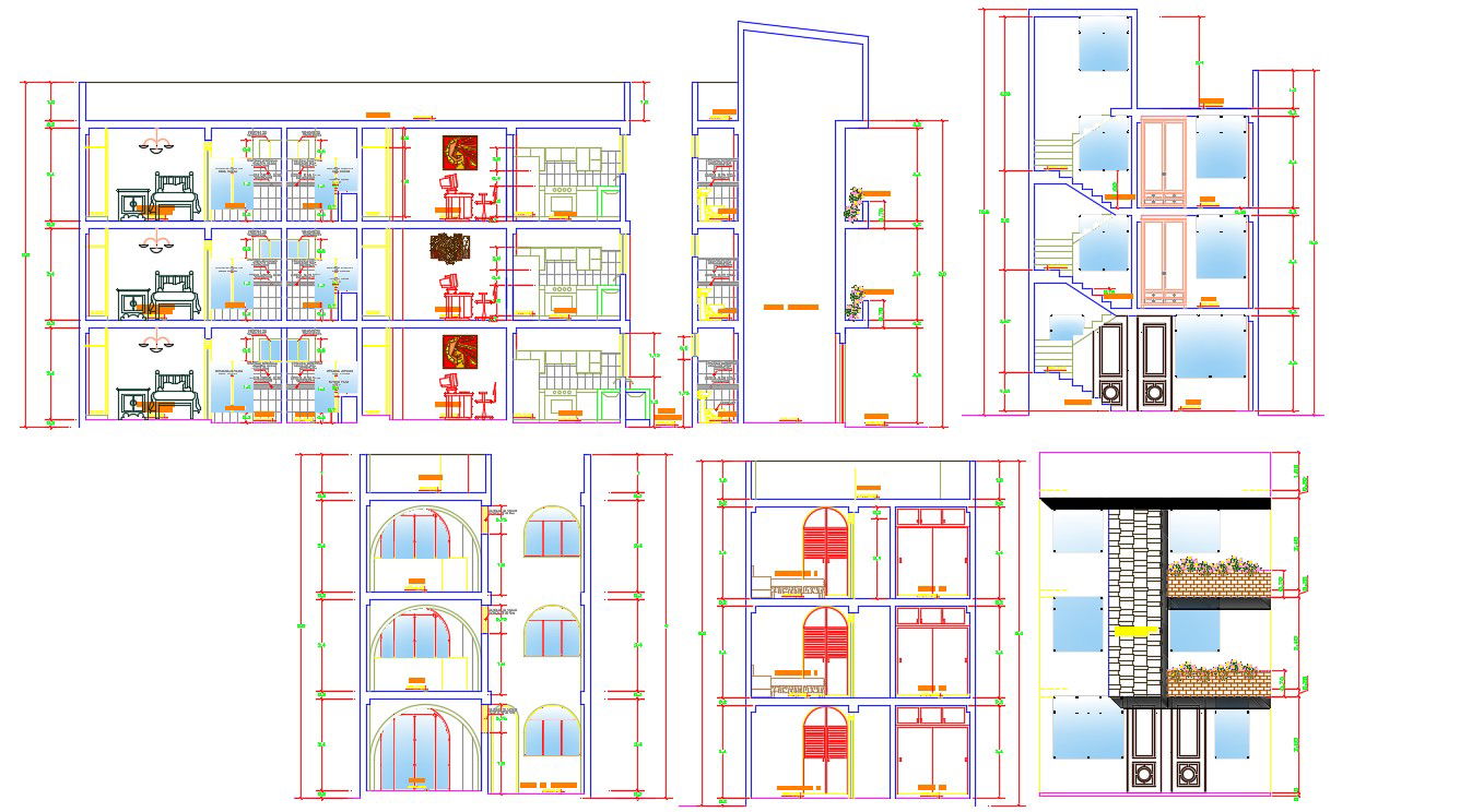 Section Elevation Of Apartment With Basic Rendered DWG File Free Download