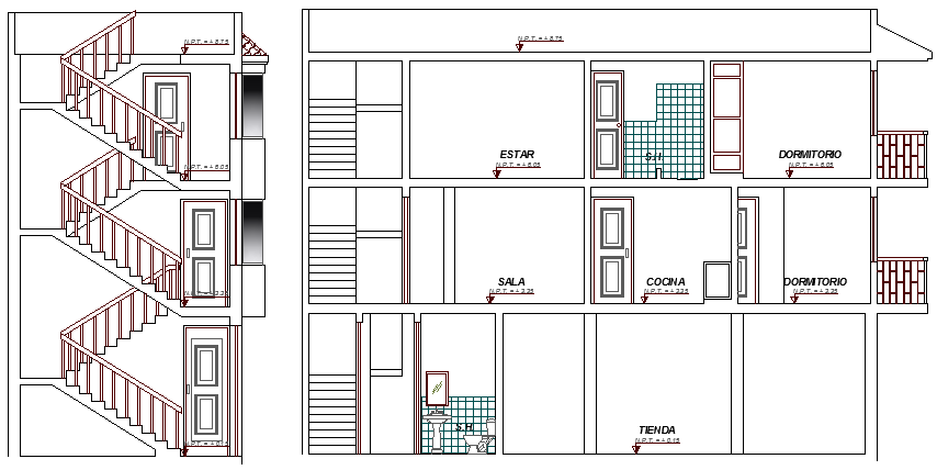 Section Plan of Multi-Flooring Bungalow Design dwg file