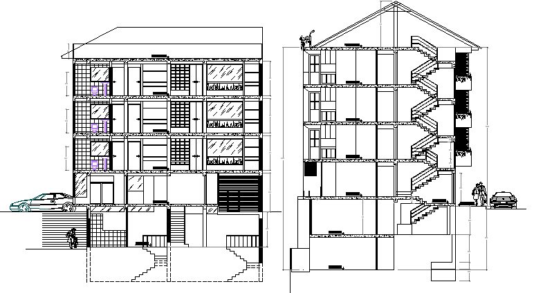 Section Plan of Six Floors Multi-Family Residential Building dwg file