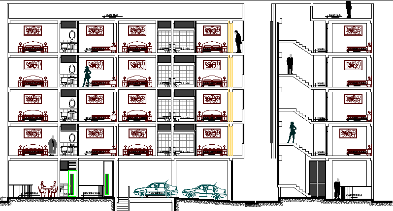Section Plan of Three Star Hotel Architecture Design dwg file