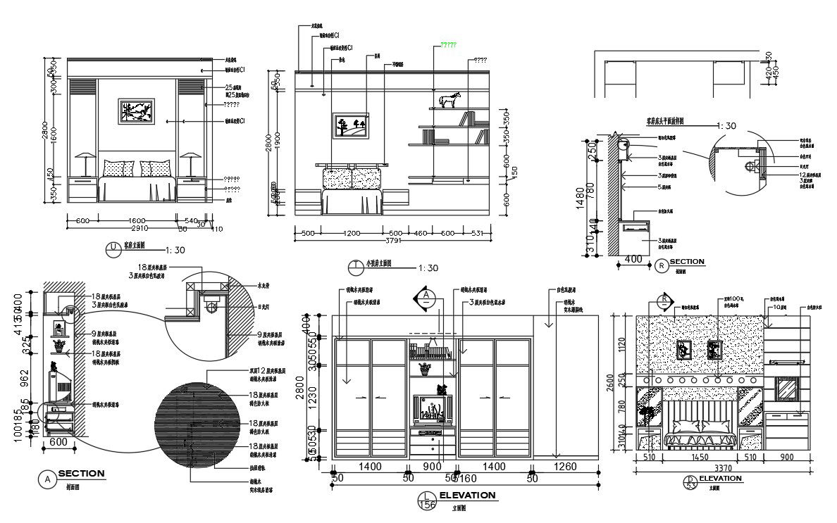 Section and Elevation Detail Of The BedRoom and Showcase are given in this AutoCAD Drawing.Download Now.