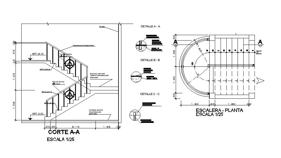 Section and constructive plan details of house staircases dwg file