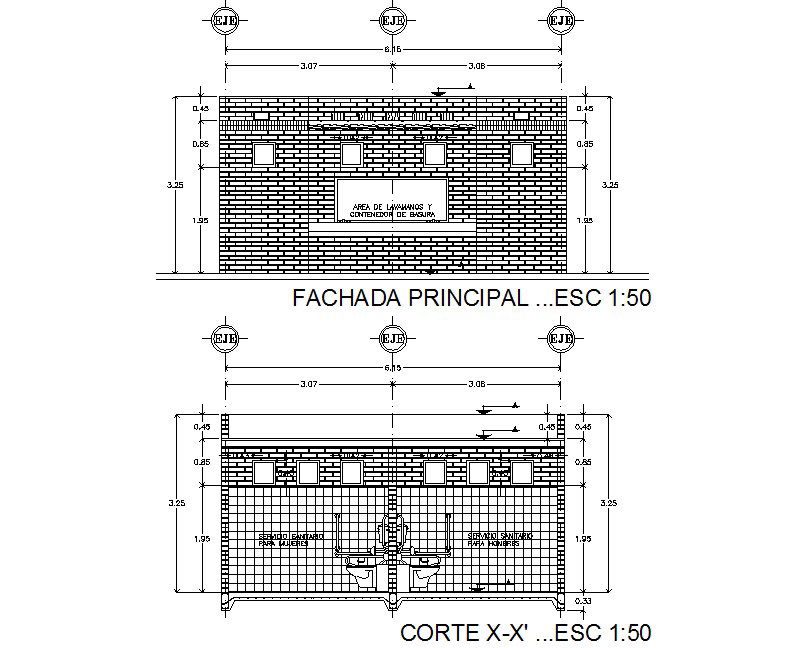 Section and elevation Public bathrooms detail dwg file