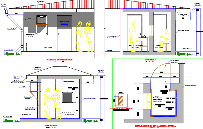 Section and elevation audiometer cabin plan detail dwg file