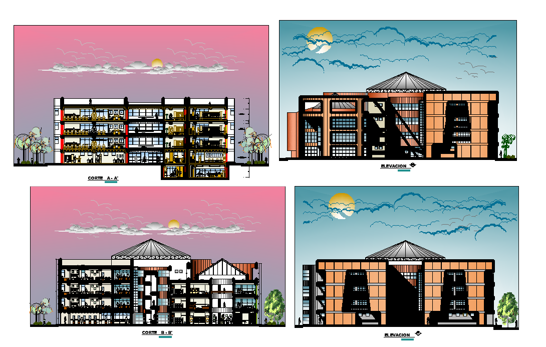 Section and elevation of library dwg file