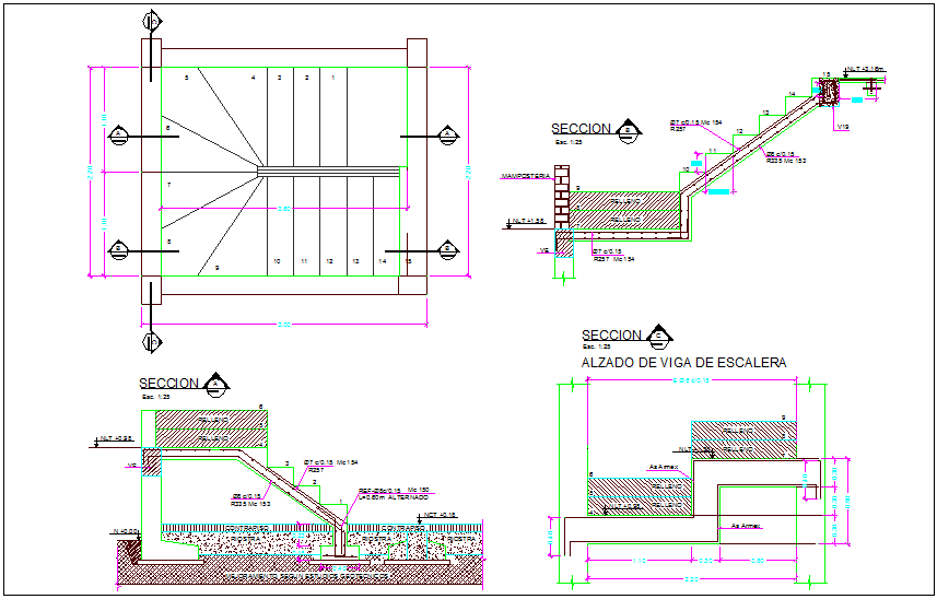 Section and elevation of stair with construction detail dwg file