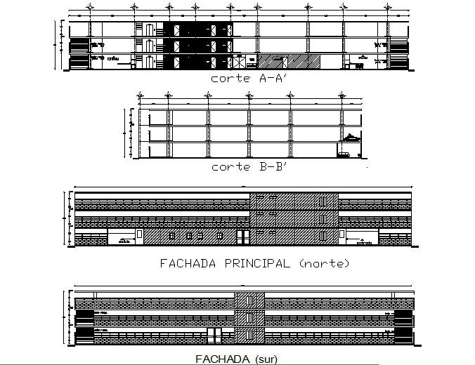 Section and elevation parking building plan detail dwg file