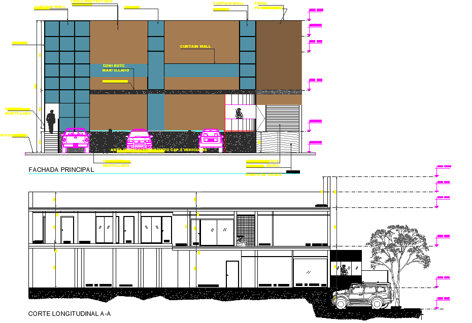 Section and elevation parts for commercial and office plan dwg file