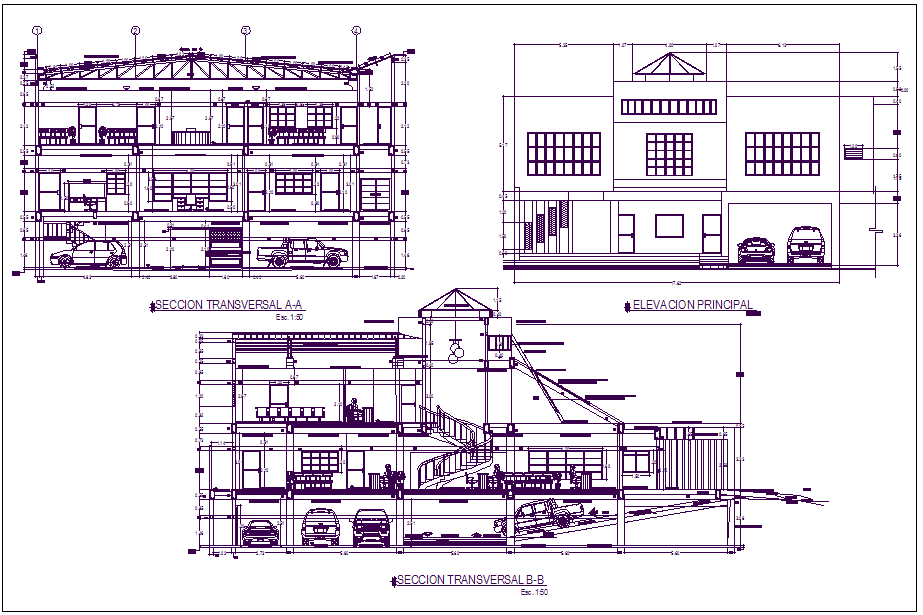 Section and elevation view of office building detail dwg file