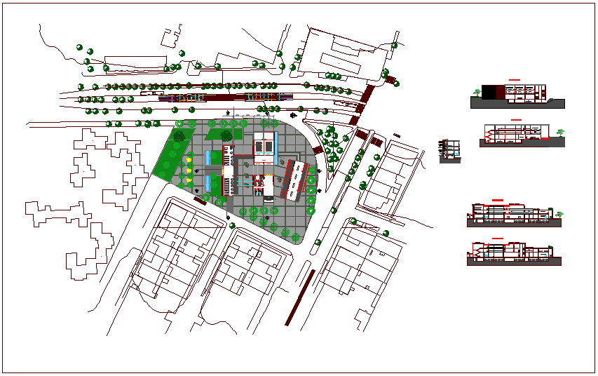 Section and landscape view of school view dwg file