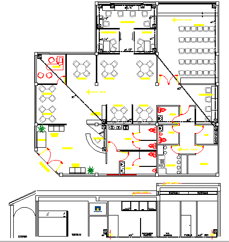 Section and layout plan details of corporate office project dwg file